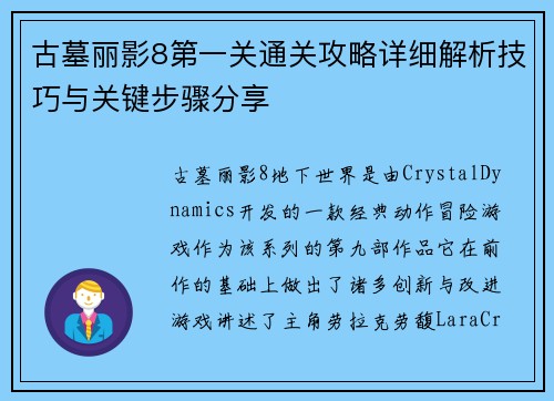古墓丽影8第一关通关攻略详细解析技巧与关键步骤分享