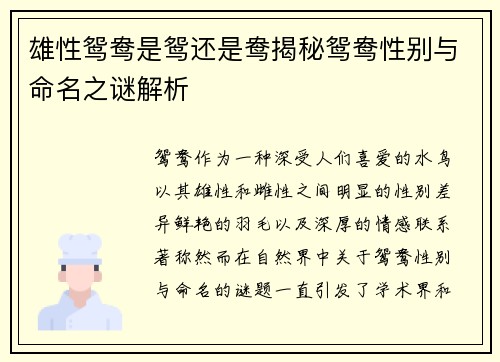 雄性鸳鸯是鸳还是鸯揭秘鸳鸯性别与命名之谜解析